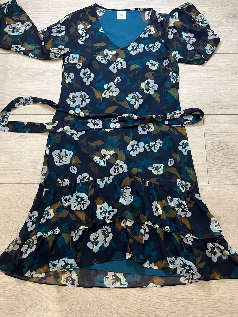 CAbi Navy Floral Tiered Dress with Puff Sleeves and Belt